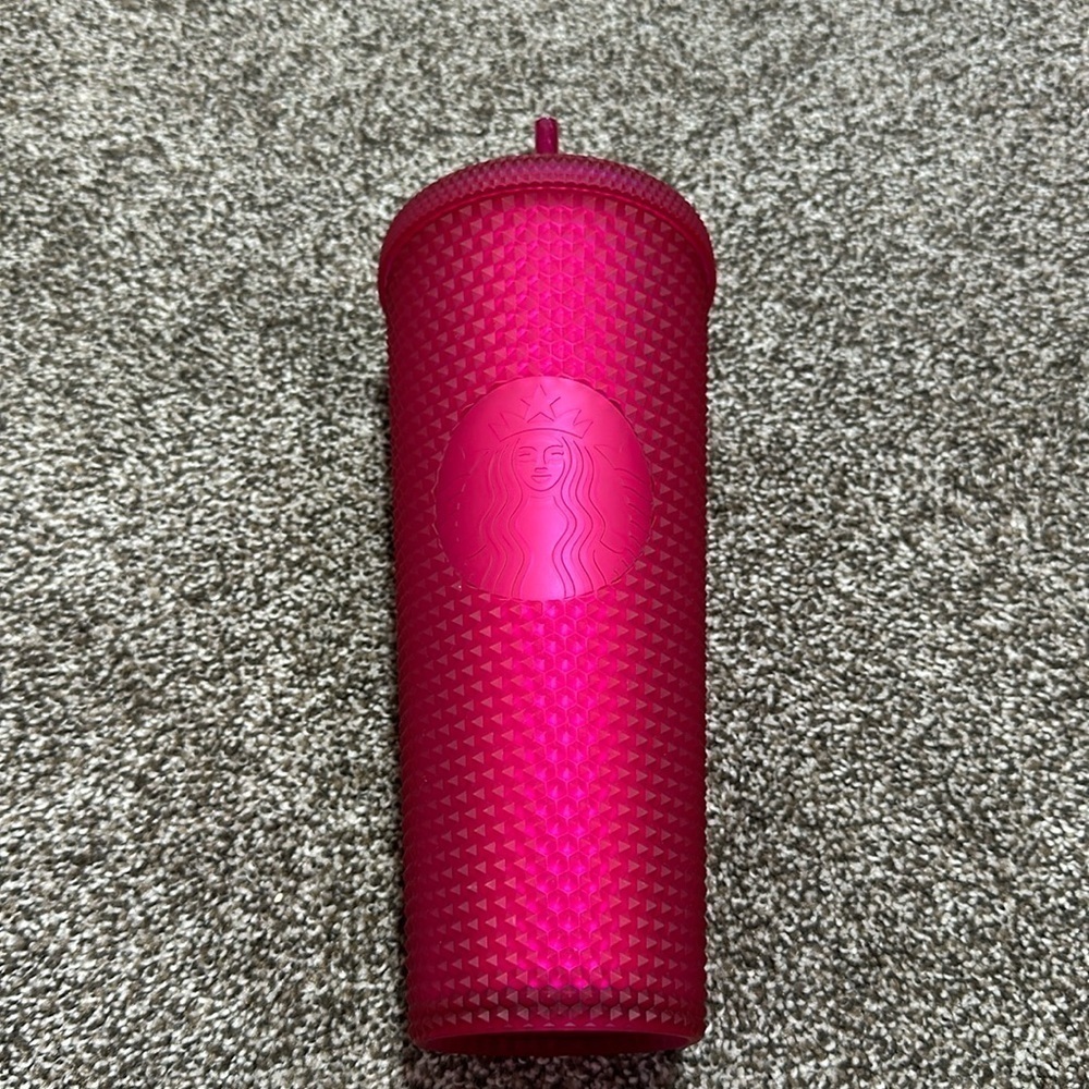 Starbucks soft touch studded tumbler with straw. Bright pink neon Barbie